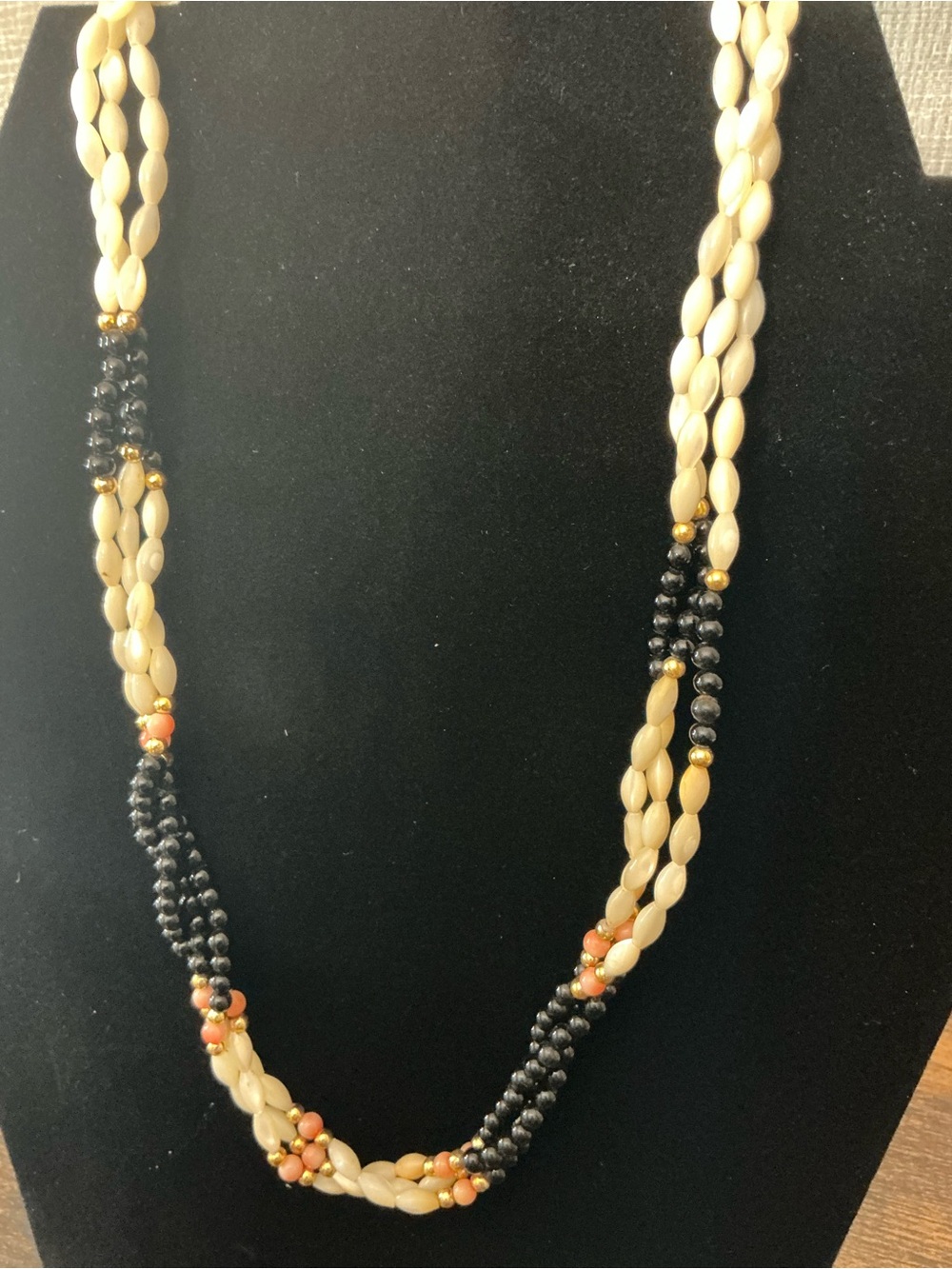 Multi-Strand Cream, Black & Coral Beaded Women's Necklace